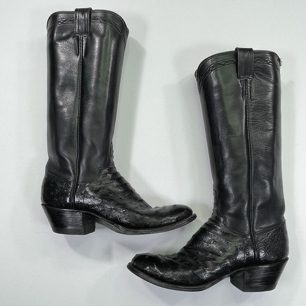 M L Leddy Ostrich Leather Boots Womens 6.5/7 Black Tall Classic Cowboy Ranch